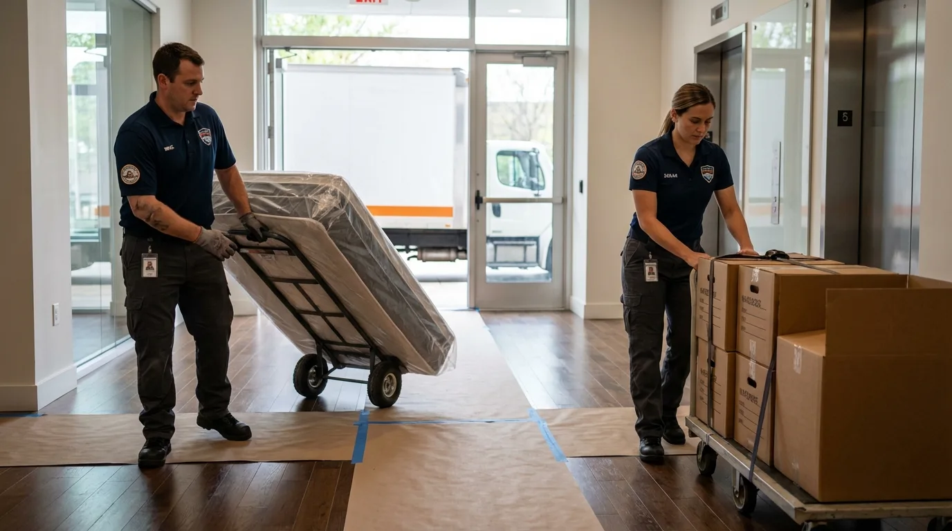 Professional apartment movers loading elevator in Seymour, TN